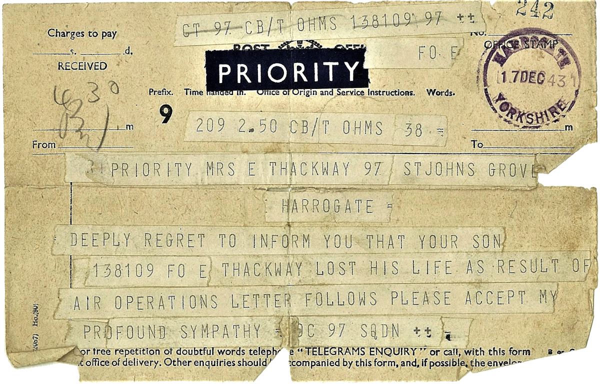 Wartime priority telegram reporting an airman lost on operations